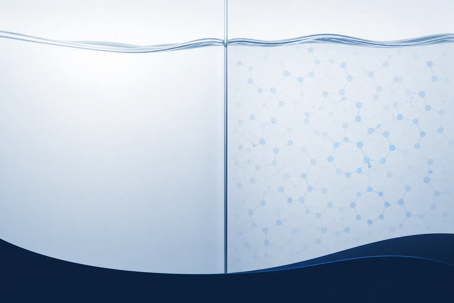 Abstract diagram of two adjacent bodies of clear fluid separated by a thin boundary, one plain and one carrying a faint dispersed molecular lattice, illustrating an unpreserved and a preserved diluent.