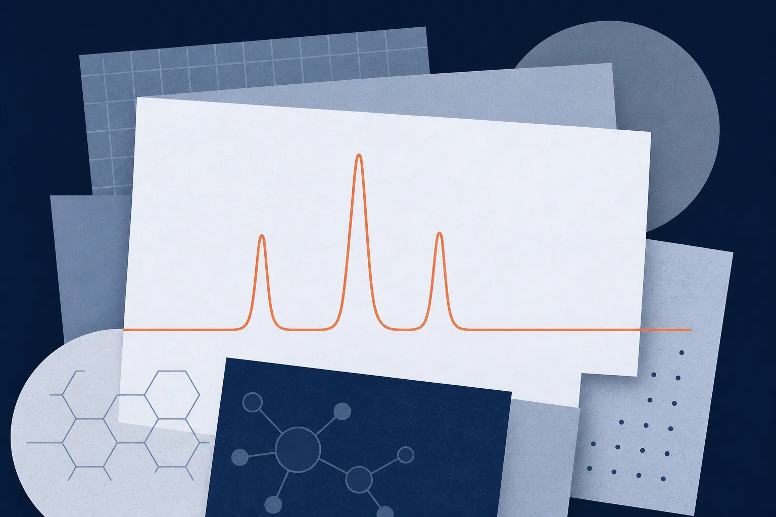 Abstract illustration of overlapping rectangular sheets crossed by a chromatogram baseline and three peaks, representing analytical records tied to a single batch.