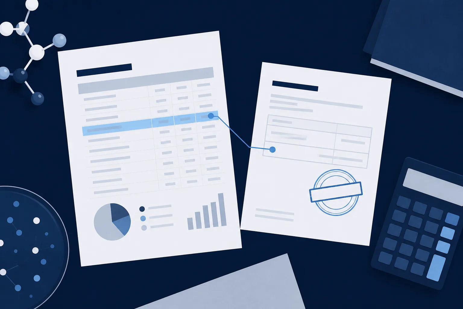 Abstract illustration of a ledger page with a highlighted row connected by a thin line to a stamped requisition form and a stack of supporting sheets.