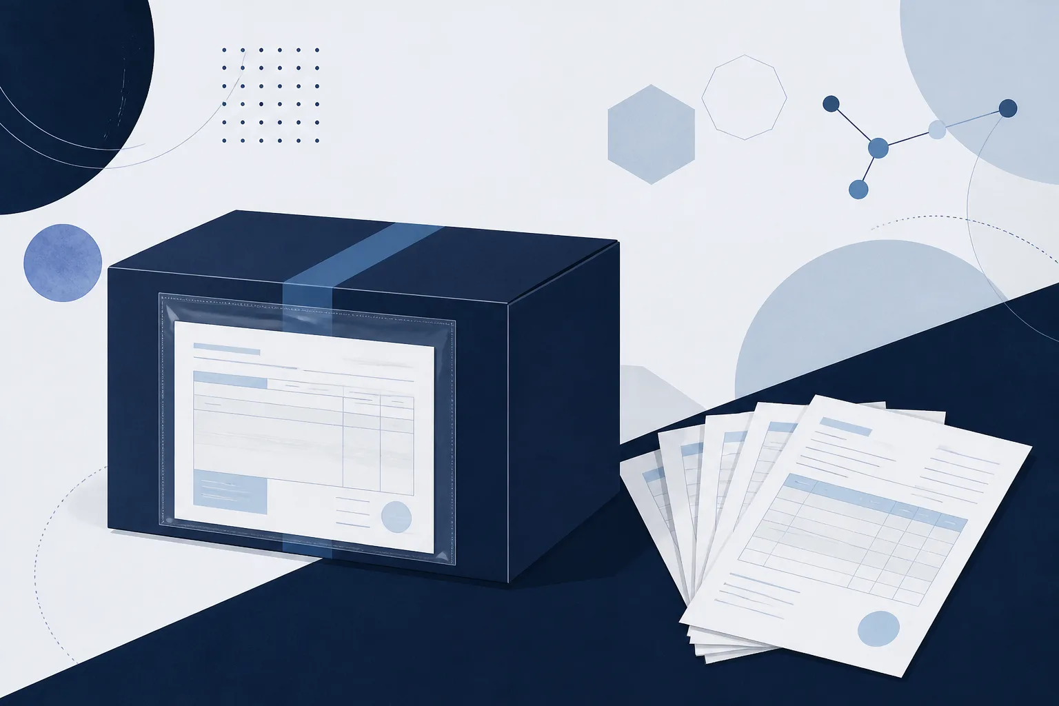 Abstract flat illustration of a courier parcel with an attached customs invoice sleeve and fanned receipts beside it, in muted navy and paper tones.