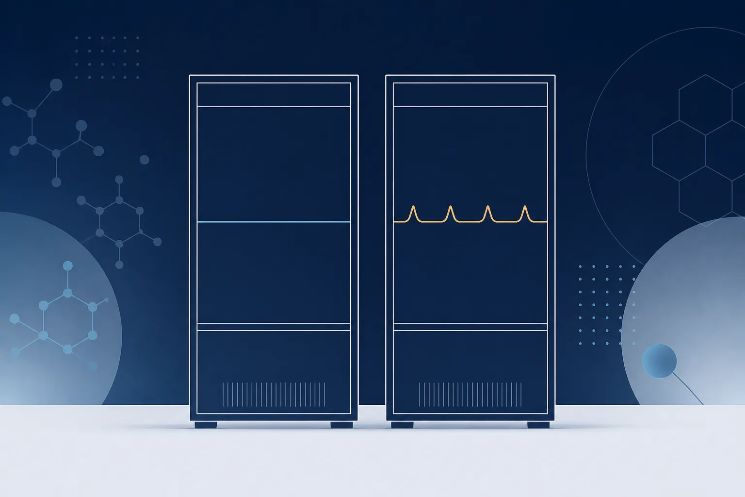 Abstract illustration of two upright cabinet outlines side by side, one with a flat, steady horizontal trace and one with a trace that rises in regular small peaks.