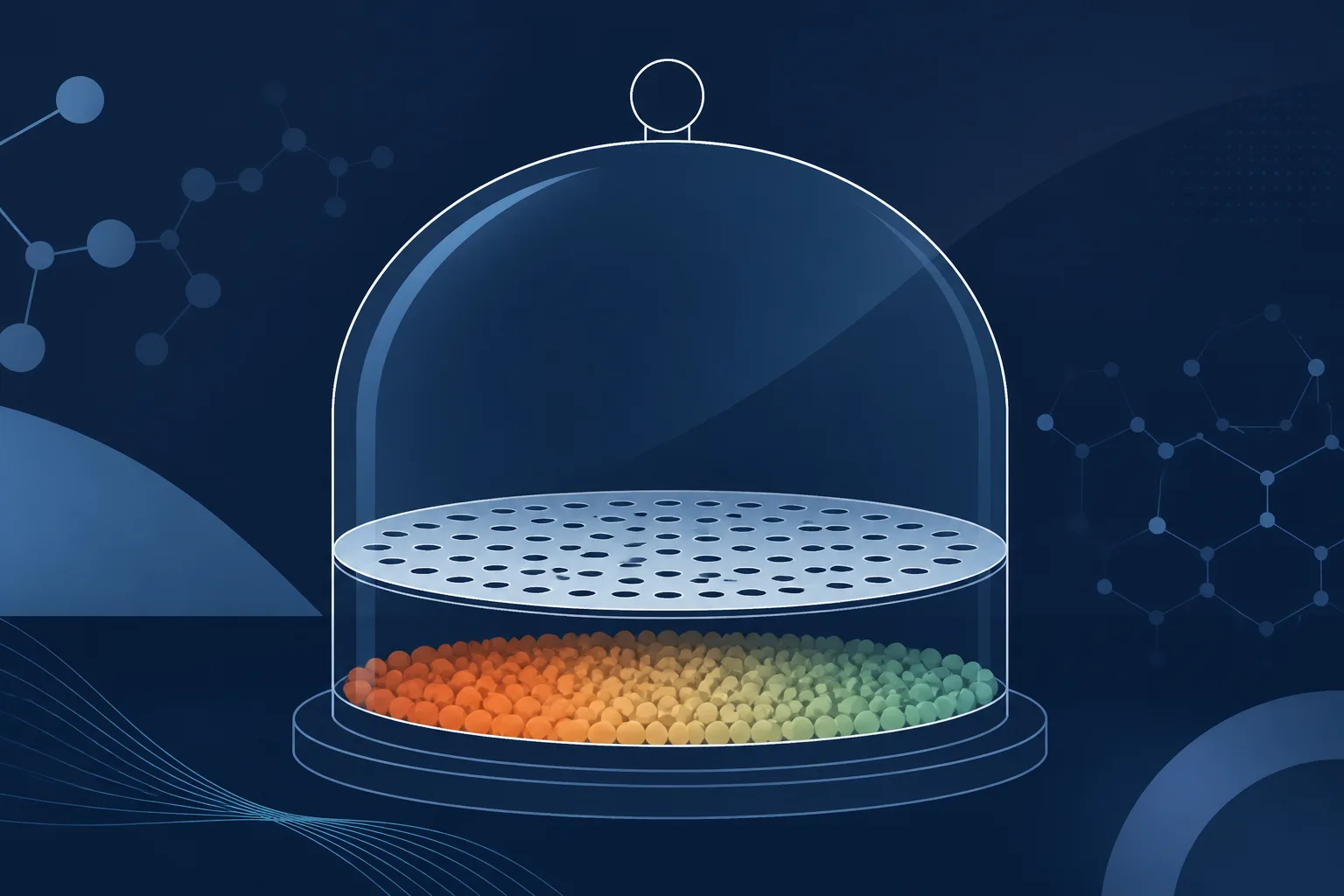 Abstract illustration of a domed glass enclosure outline over a perforated plate, with a bed of small granules beneath it shading from one colour to another.