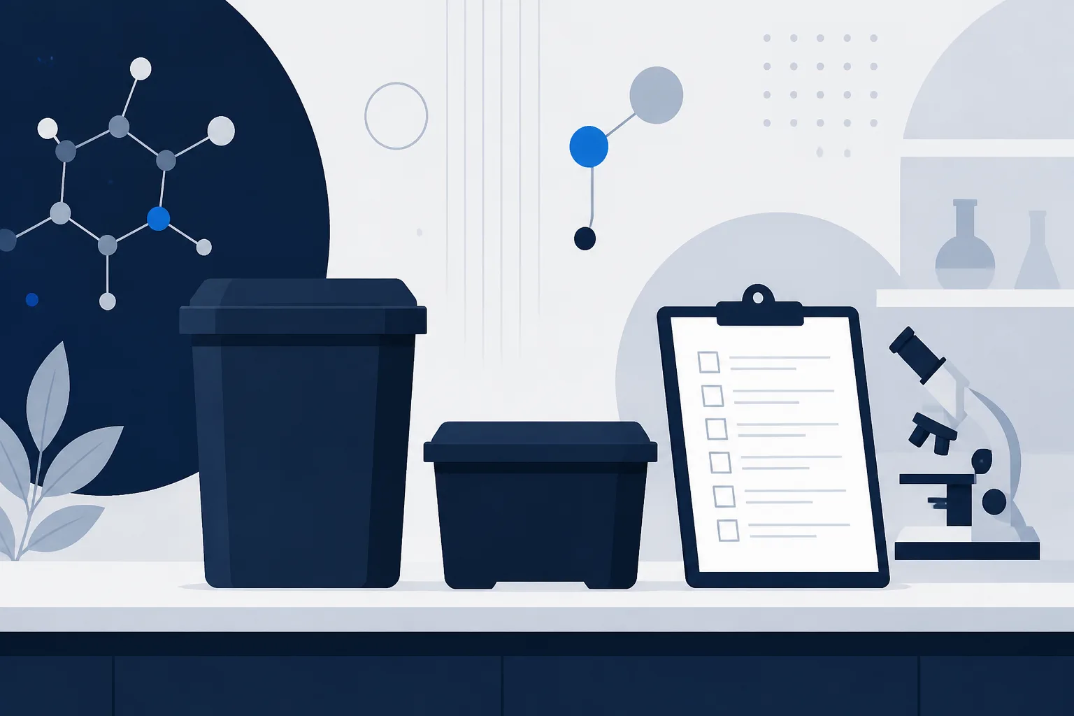 Abstract illustration of a labelled waste container and a sealed sharps bin on a bench beside a clipboard log.