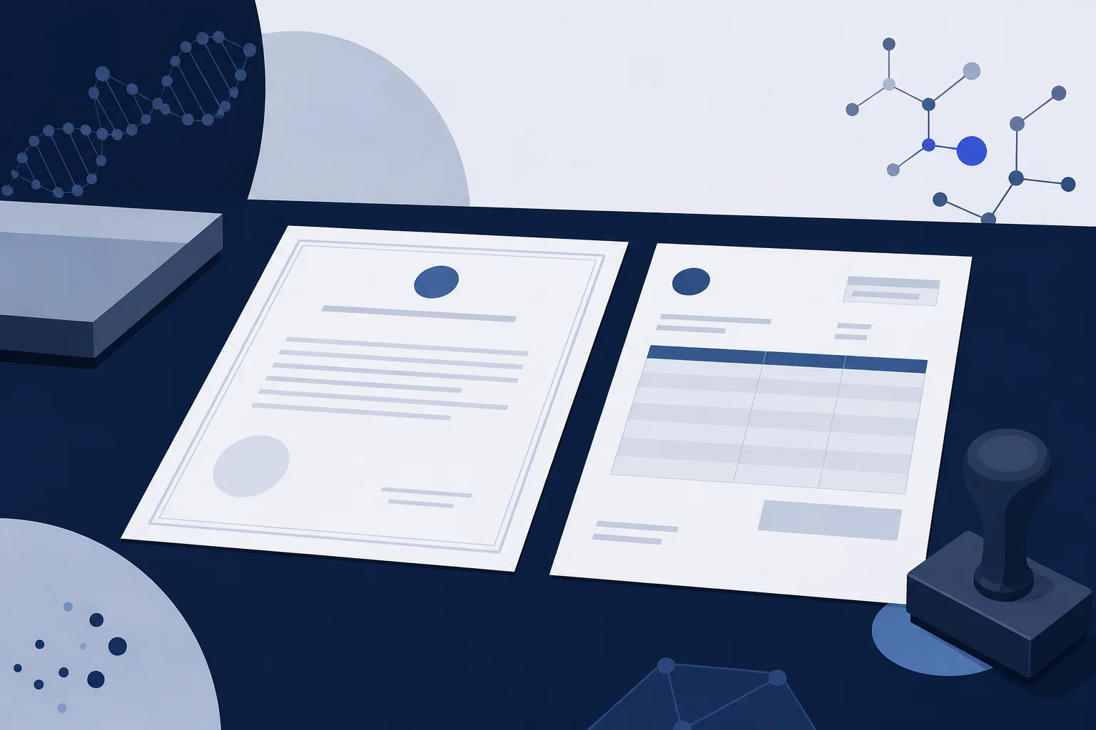 Abstract illustration of a blank certificate form beside an invoice with a round stamp between them.