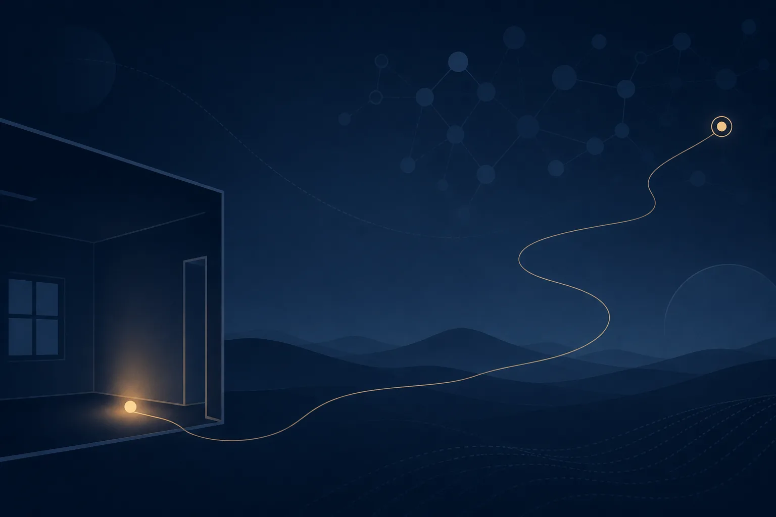Abstract illustration of a dark, quiet room outline with a single small point of light sending a thin line outward to a distant marker.