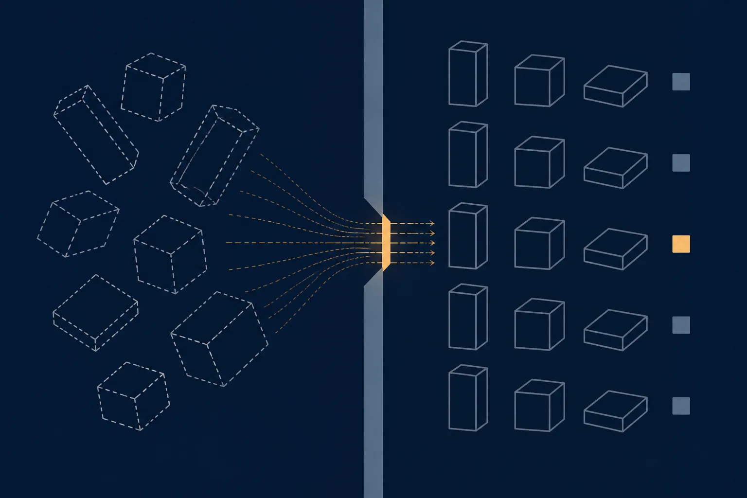 Abstract illustration of loosely scattered sealed parcels on one side of a narrow threshold and the same forms arranged in an ordered, marked grid on the other, representing goods passing from arrival into recorded acceptance.