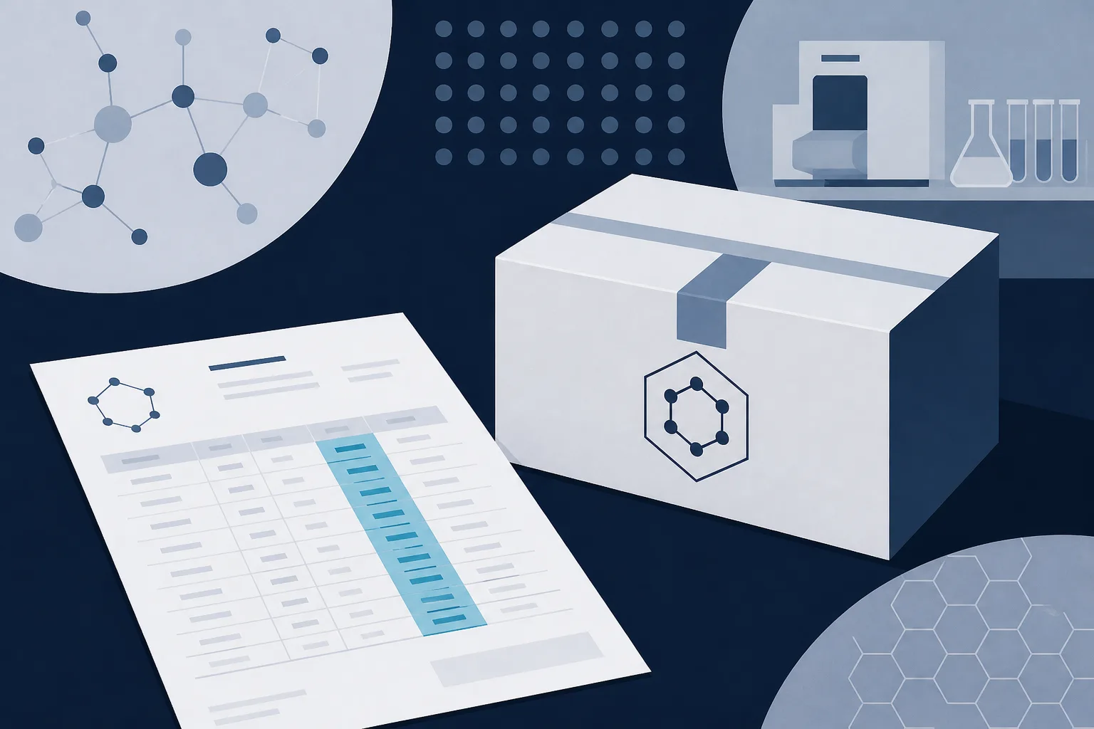 Abstract flat illustration of an invoice with a highlighted code column beside a sealed shipping box, in muted navy and paper tones.