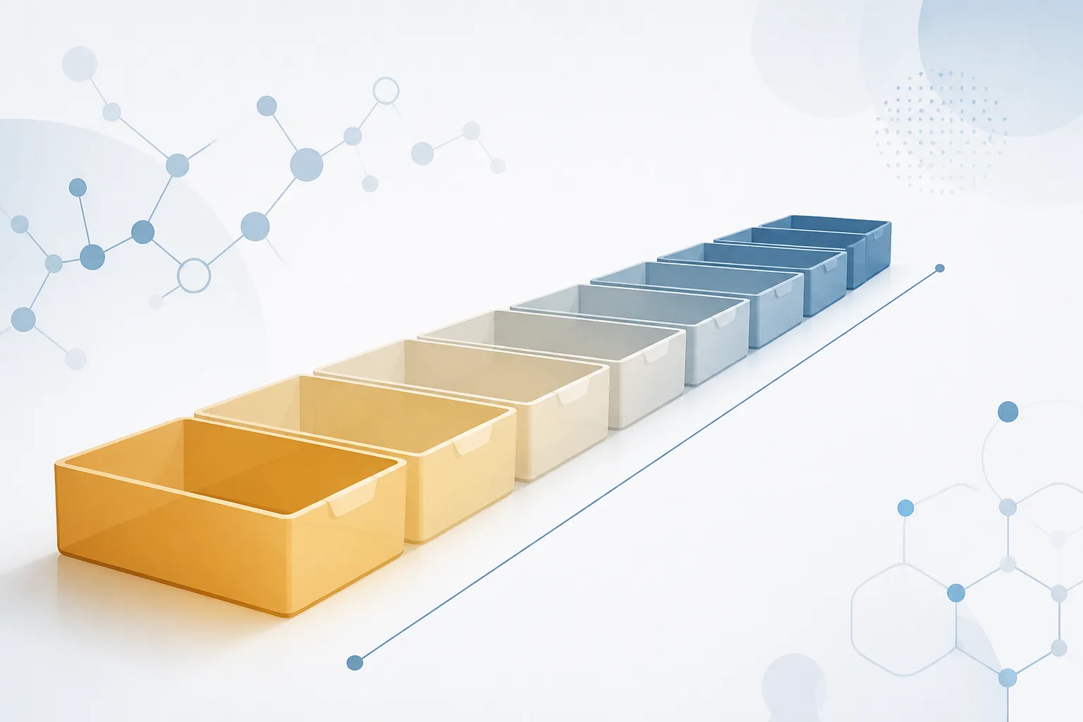 Abstract illustration of a row of shallow storage compartments receding in depth, with a gradient running from warm tones at the front to cool tones at the back.