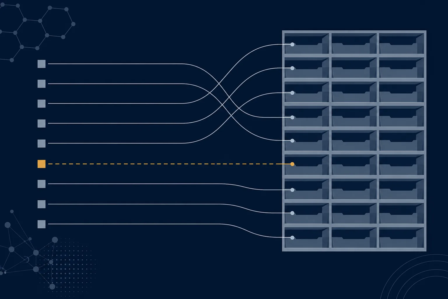 Abstract illustration of a ruled table whose rows each connect by a single thin thread to one compartment in a storage grid, with one thread left dashed and unresolved.