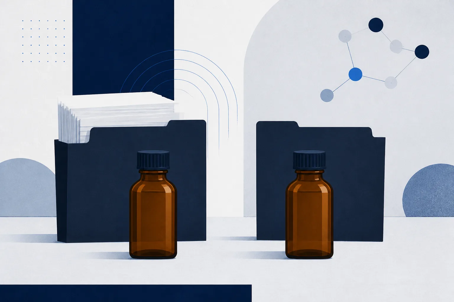 Abstract illustration of two identical amber vials side by side, one backed by a full folder of documents and the other by an empty folder.