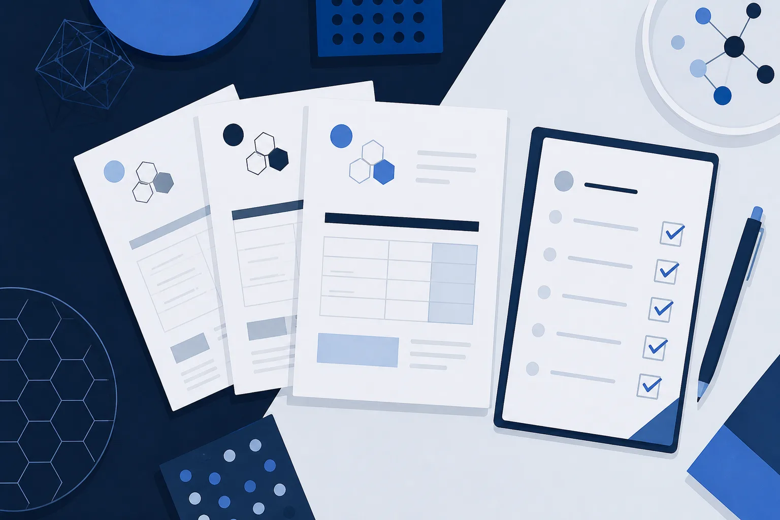 Abstract illustration of three overlapping quotation sheets fanned beside a checklist with ticked boxes.