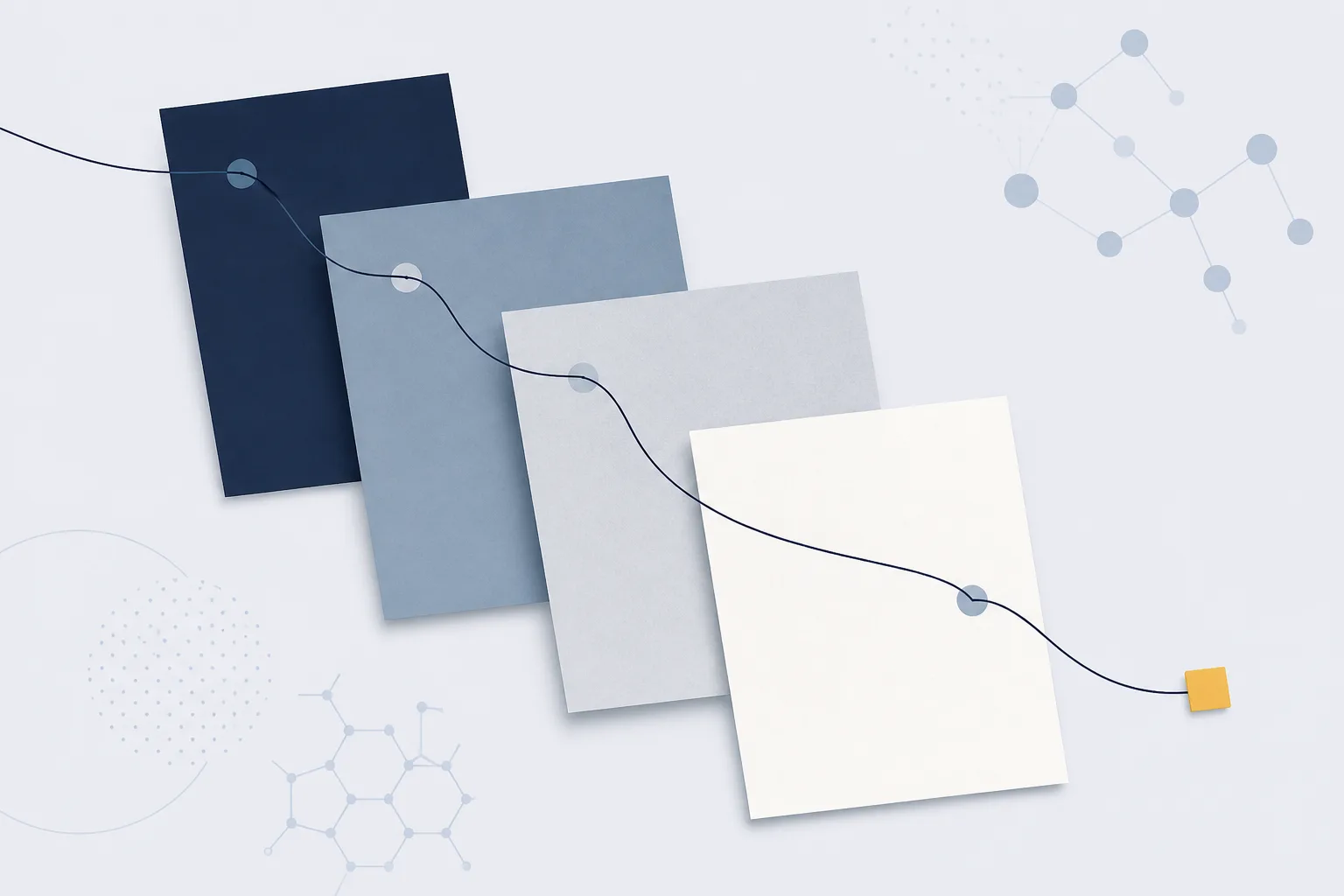 Abstract illustration of four stacked rectangular sheets offset along a diagonal, joined by a single continuous thread that passes through a small marker on each.