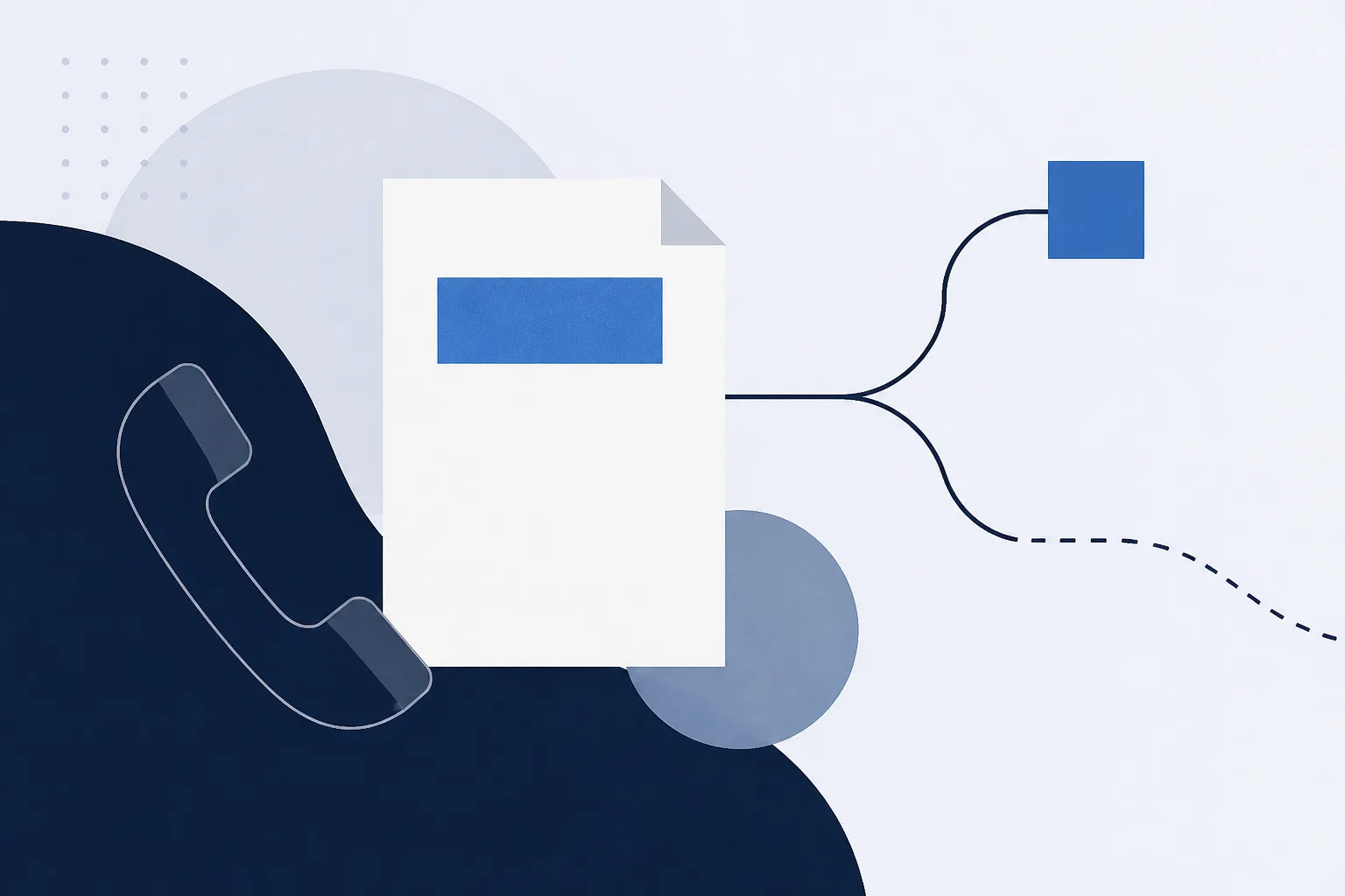 Abstract illustration of a document with a highlighted rectangle, a telephone handset shape beside it, and a path that forks away from the document.