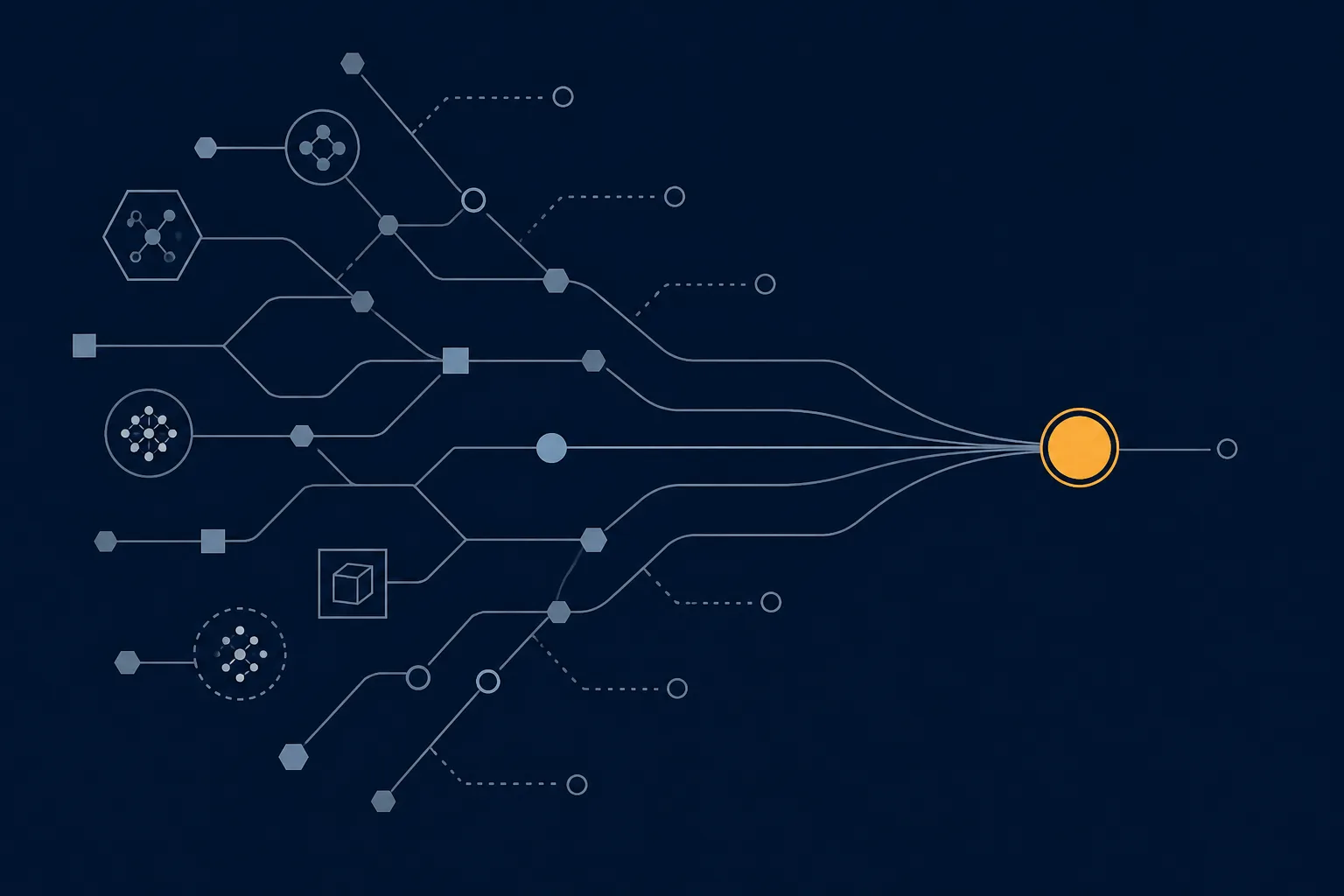Abstract illustration of a branching chain of linked nodes narrowing from many unlabelled sources to a single verified endpoint, representing traceability through a supply chain.