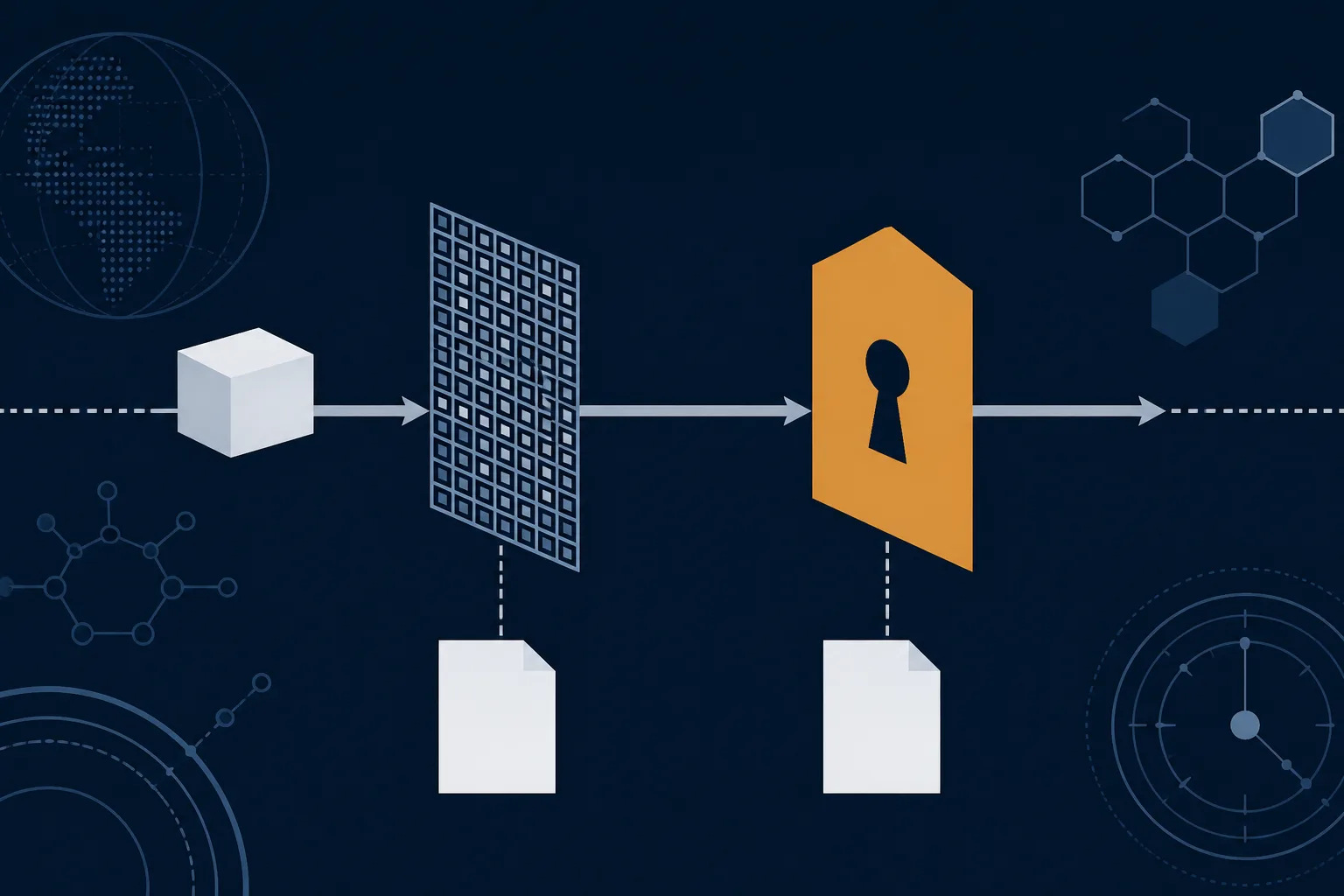 Abstract diagram of a single sealed parcel form passing through two stacked gates, one marked with a classification grid and one with a shield-like admissibility symbol, showing that a shipment must satisfy two separate checks before it enters.