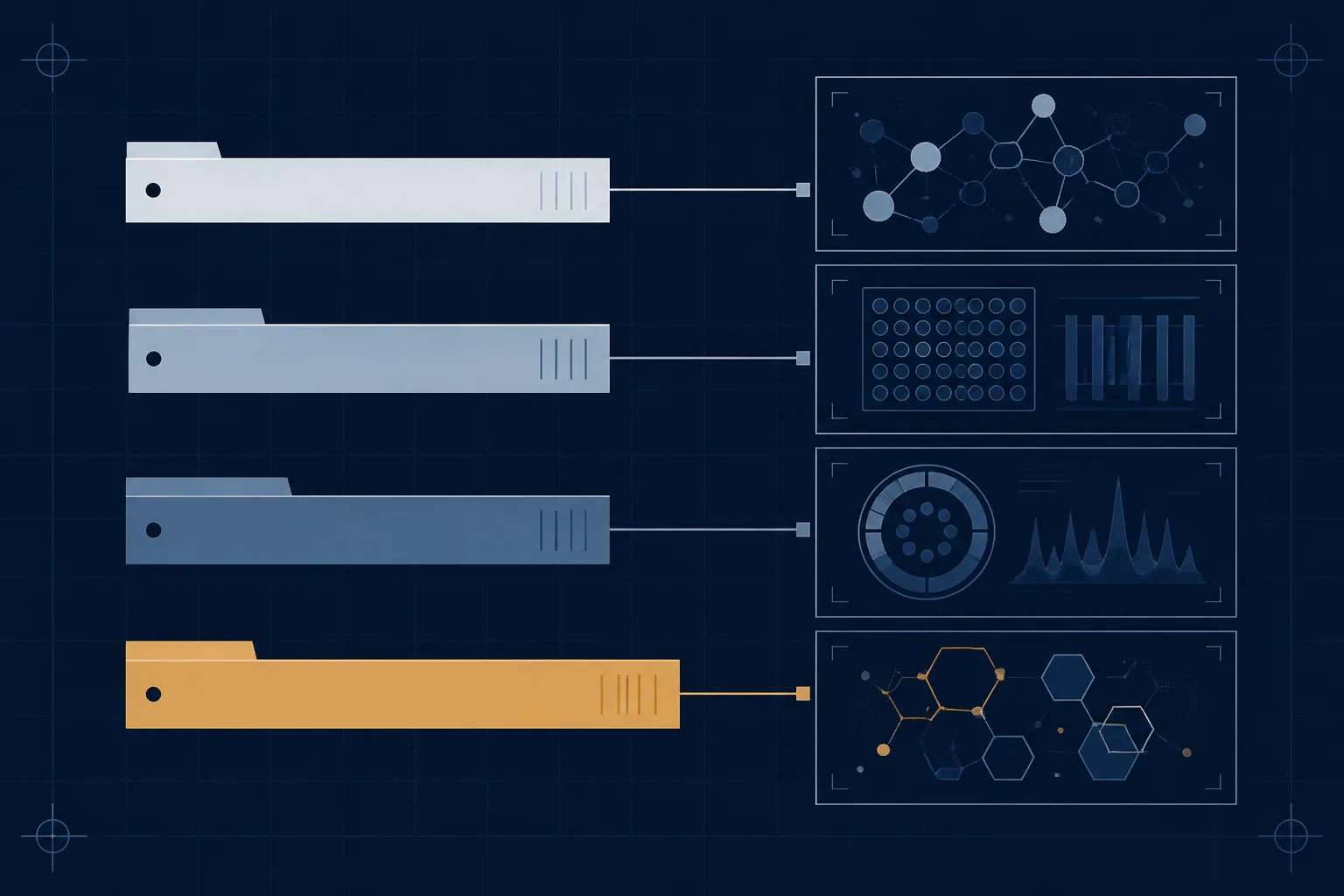Abstract illustration of four stacked horizontal bands feeding into a single framed panel, representing the separate facts that make up a materials statement converging into one reported record.