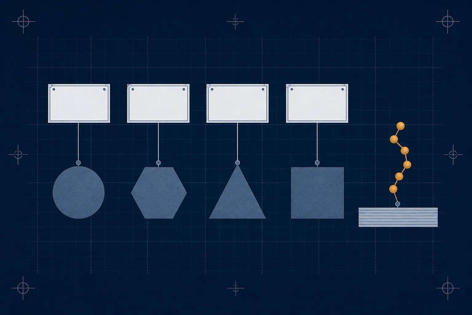 Abstract illustration of several distinct geometric shapes each joined by a single line to its own framed index card, with one shape standing apart without a card, representing resources that have identifiers and one that falls outside the scheme.