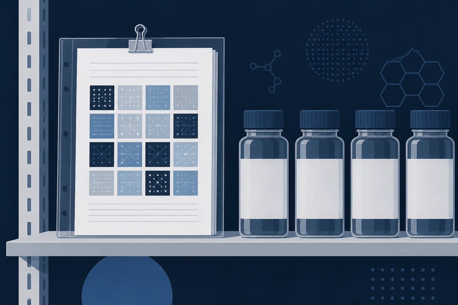 Abstract illustration of a multi-page data sheet in a clear sleeve clipped to a shelf beside rows of identical sealed bottles.