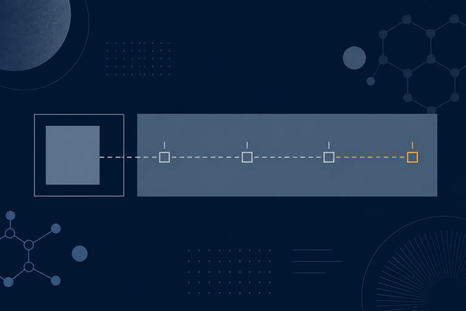 Abstract illustration of a rectangular block divided into two unequal parts, the larger part travelling along a dashed line through a series of small square checkpoints while the smaller part stays behind, representing a split sample and its custody trail.