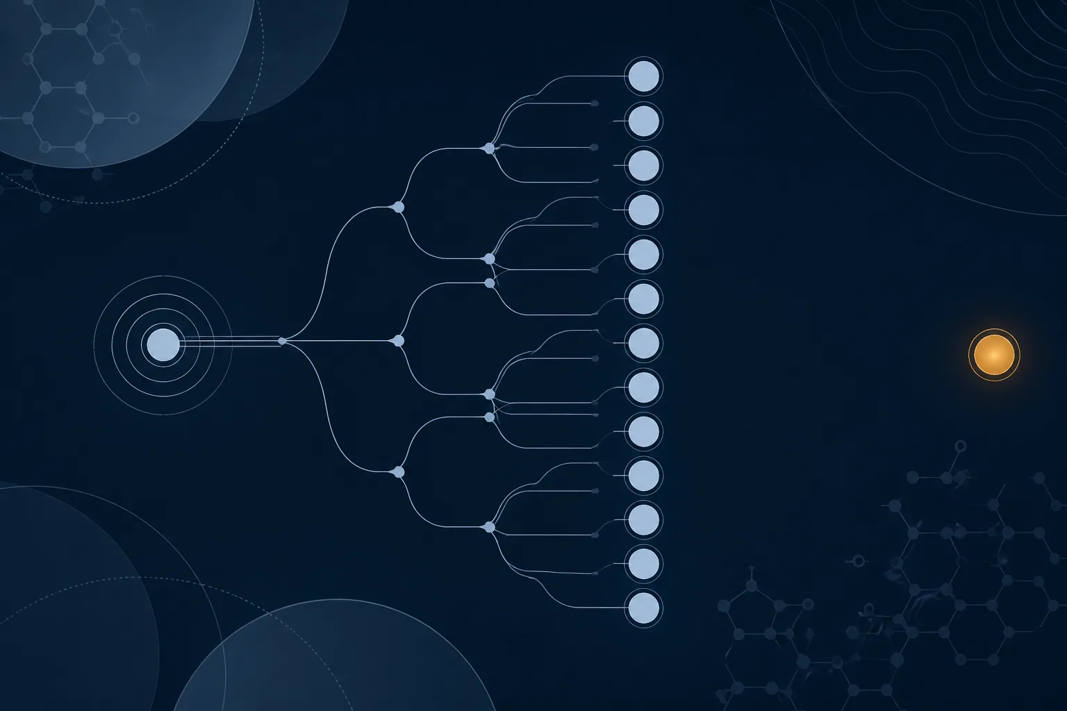Abstract diagram of a branching supply chain: one origin node splitting into many relabelled downstream nodes, with a single unlinked node floating outside the network.