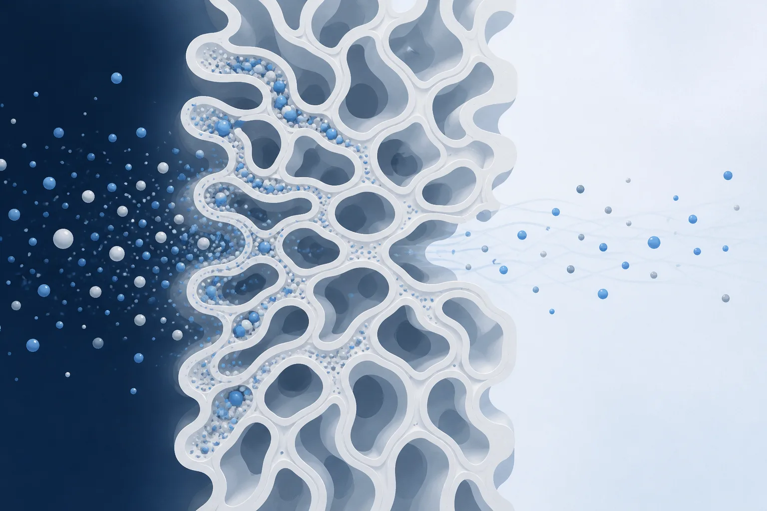 Abstract cross-section of a porous membrane rendered as a dense tortuous lattice, with faint particles accumulating on the internal pore walls while a thinner stream continues through to the far side.