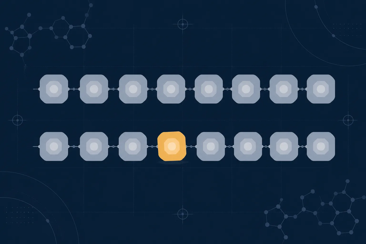 Abstract illustration of two parallel rows of identical geometric blocks, one row matching and the other containing a single block of a subtly different shade, representing a correct procedure run on variable material.