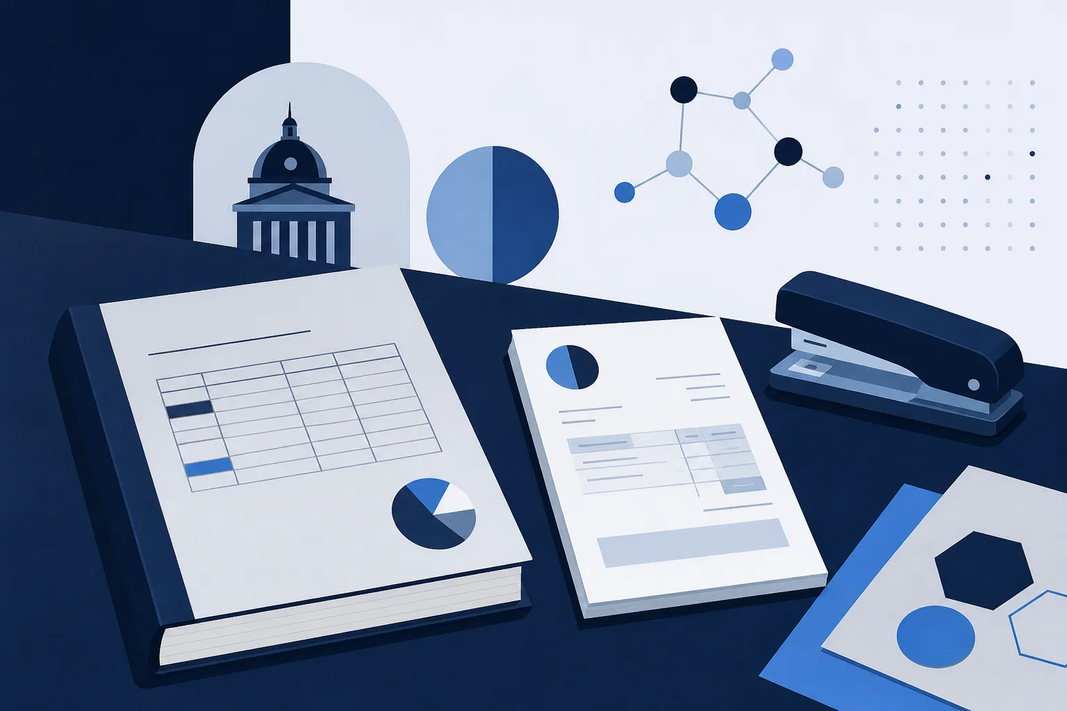 Abstract illustration of a ledger, an invoice and a stapler arranged on a desk in muted tones.