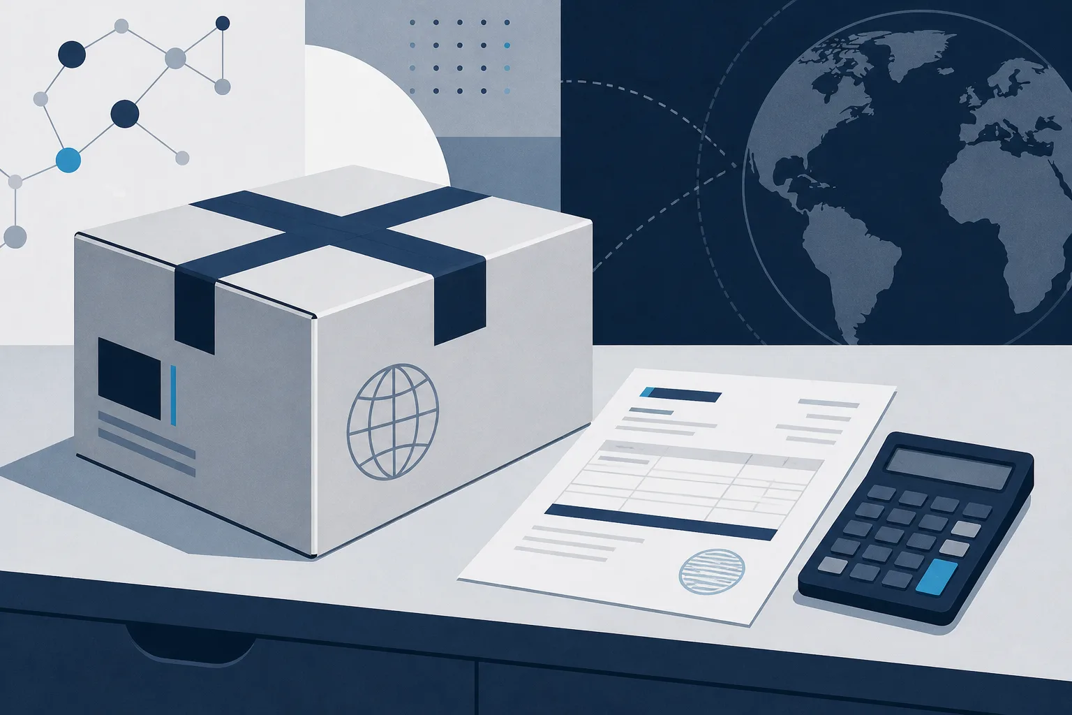Abstract flat illustration of a sealed parcel beside a printed invoice and a calculator on a desk, in muted navy and paper tones.