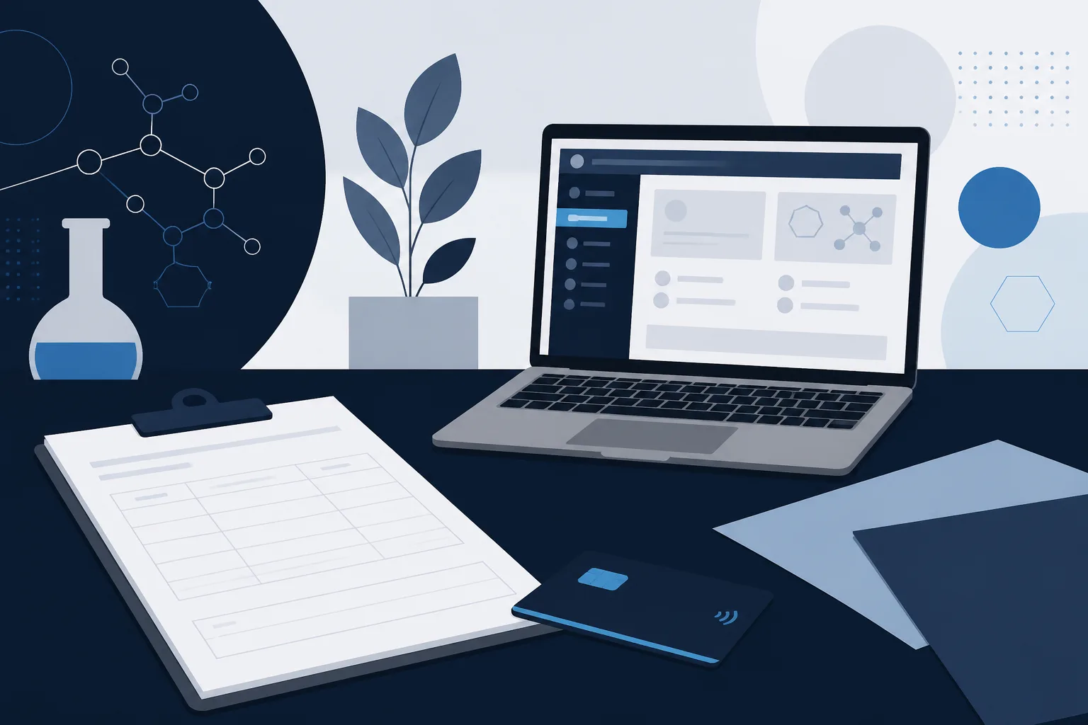 Abstract illustration of a blank form, a payment card and a laptop screen joined by thin lines on a desk.