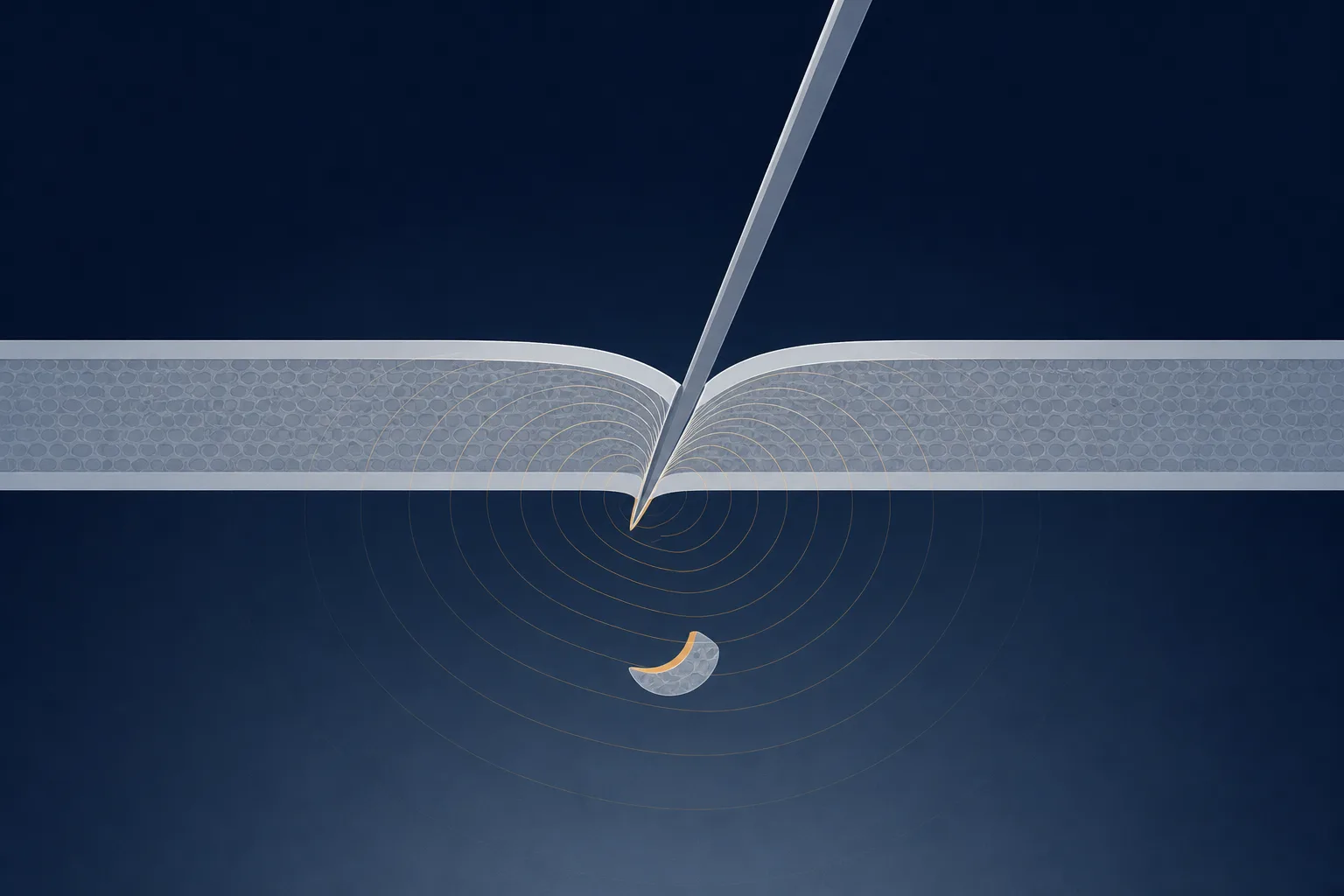 Abstract cross-section diagram of a thin elastomeric layer penetrated by a slender angled shaft, with a small crescent-shaped fragment displaced from the puncture channel and falling free below the layer.