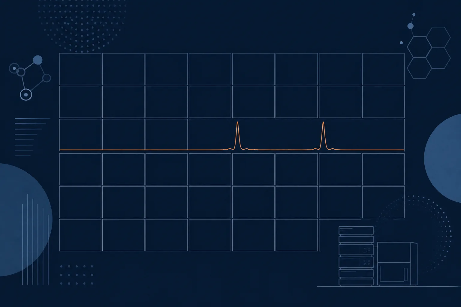 Abstract diagram of a chromatogram trace occupying one narrow band of a wide grid, with the surrounding grid cells left empty, representing the small measured portion of a material's quality attributes.