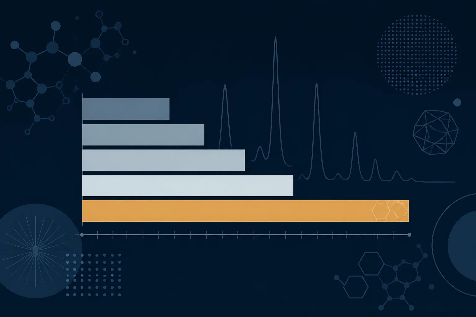Abstract illustration of stacked horizontal bars of increasing length beside a horizontal time axis, representing the cost and duration of analytical tests rising as more measurements are added.