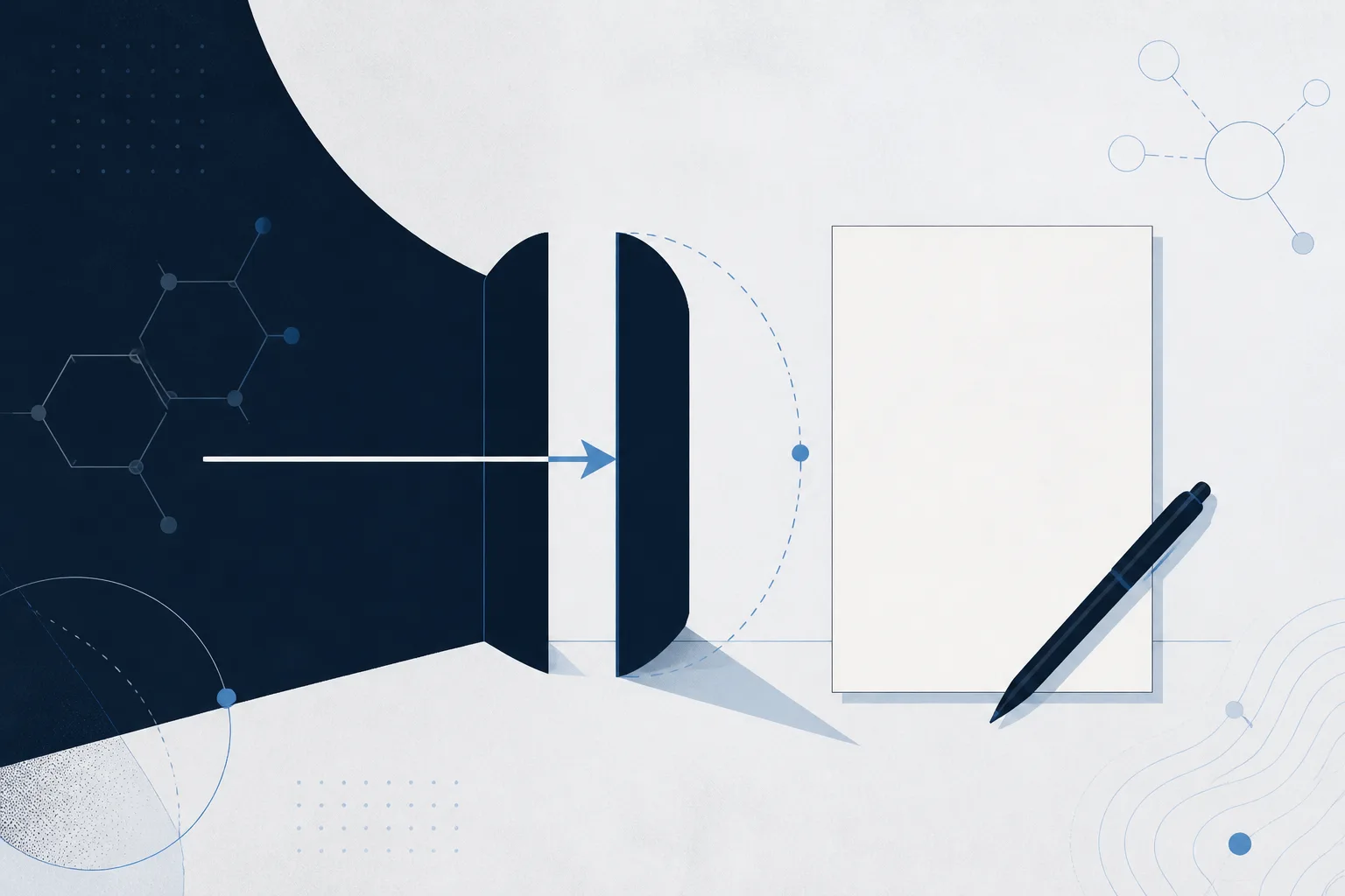 Abstract illustration of a single arrow passing through a gate that closes behind it, beside a printed form and a pen.