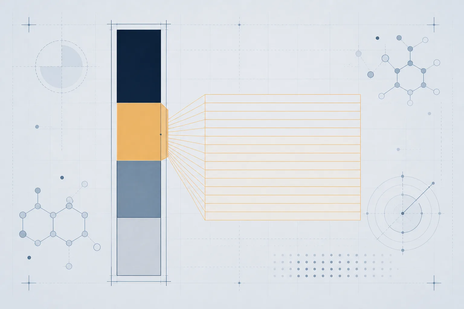 Abstract illustration of a long ruled column divided into four stacked sections, with one section expanded into finer sub-rows, representing a methods section and the detail most often missing from it.